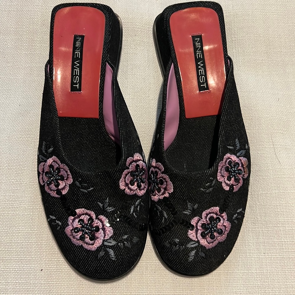 Vintage Nine West embellished black denim mules